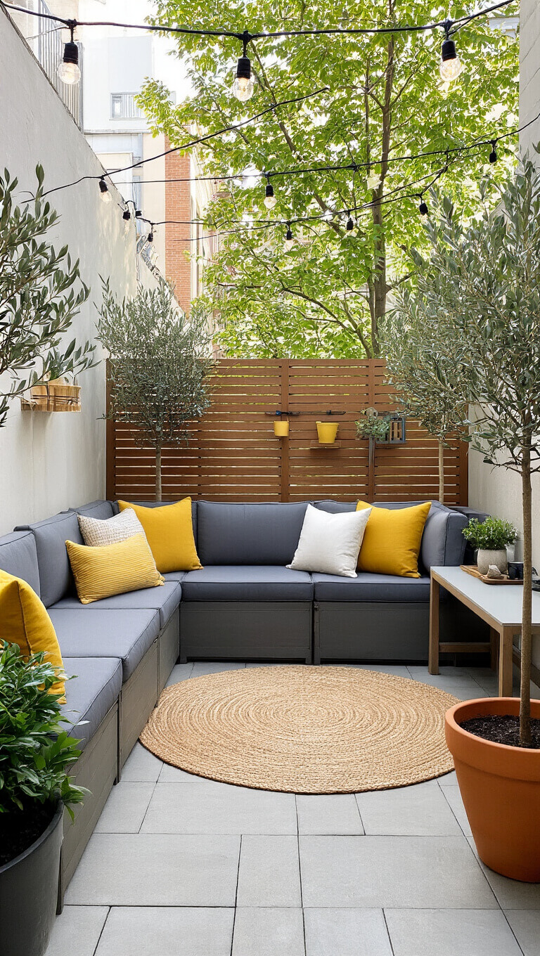 Urban terrace with charcoal modular sofa, mustard and white pillows, jute rug, potting console, string lights, olive trees, and wood privacy screen.