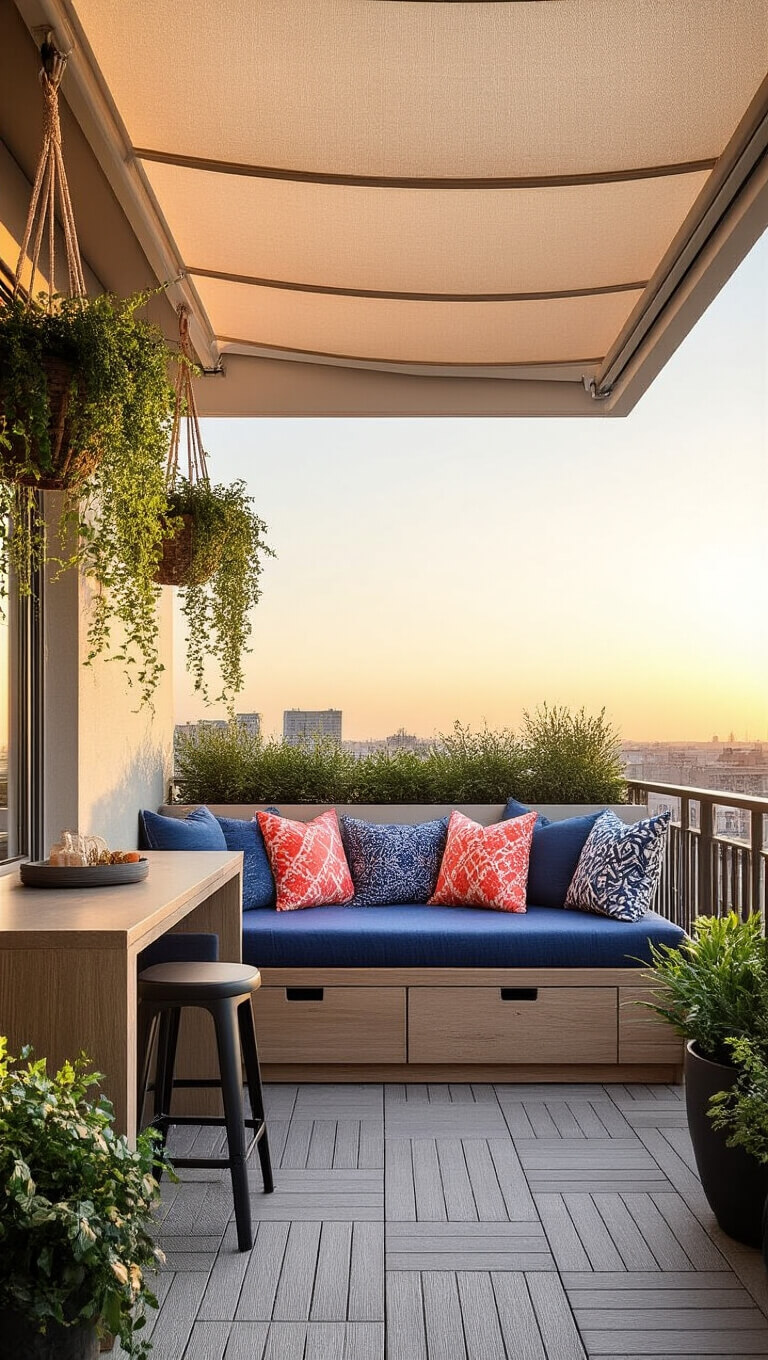 Small apartment balcony at sunset with a cozy daybed, patterned pillows, bar table with stools, hanging plants, and light ash deck tiles under a retractable awning.