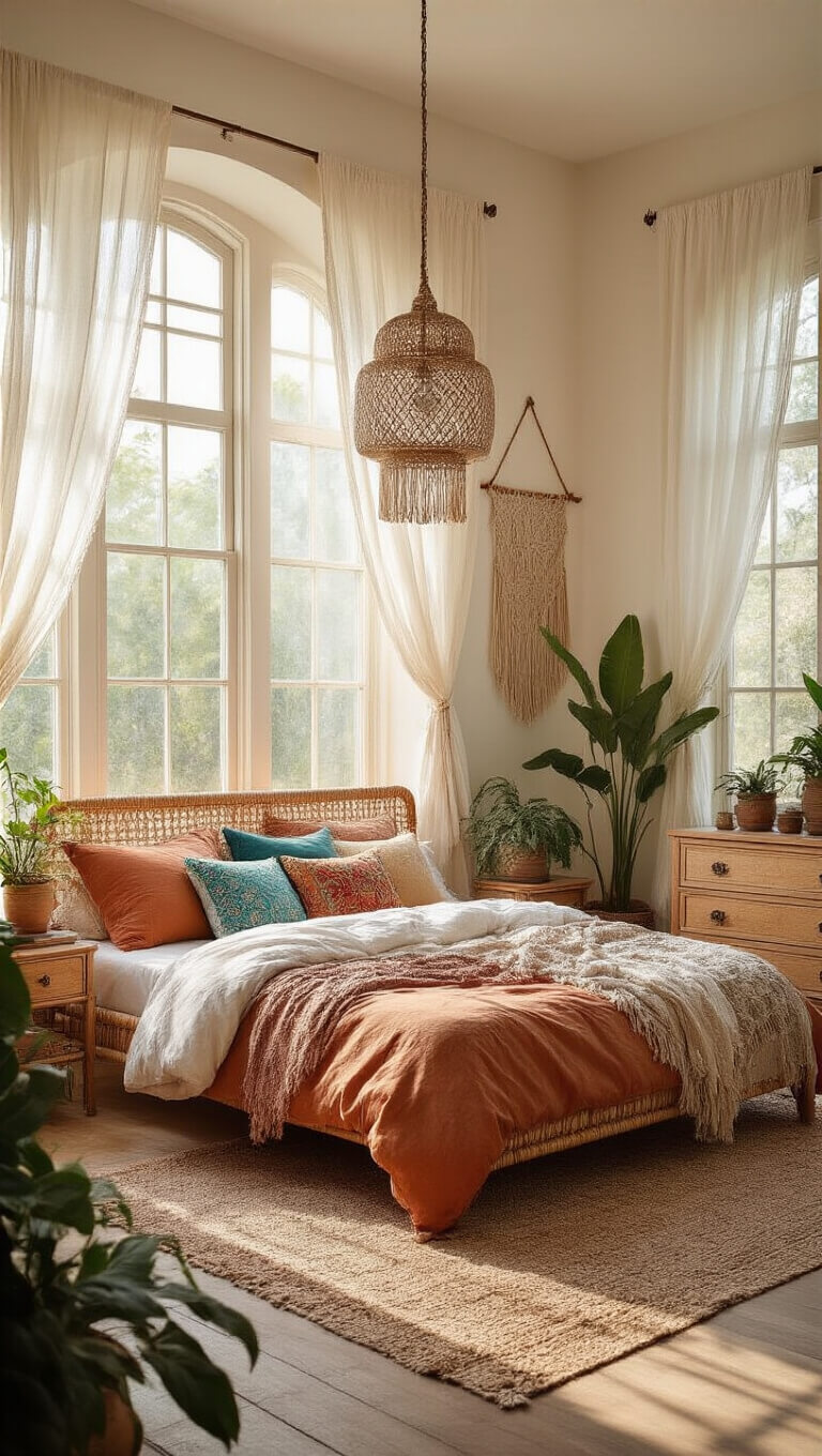 Boho bedroom with rattan bed, jewel-toned pillows, macramé decor, and bay windows filtering soft morning light through sheer curtains.