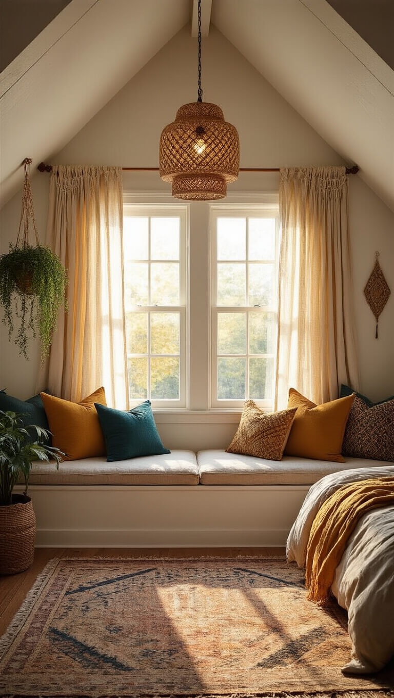 Cozy boho bedroom nook with slanted ceilings, a built-in window seat under a dormer window, floor-length linen and macramé curtains, jewel-toned cushions, hanging plants, and warm golden hour light.