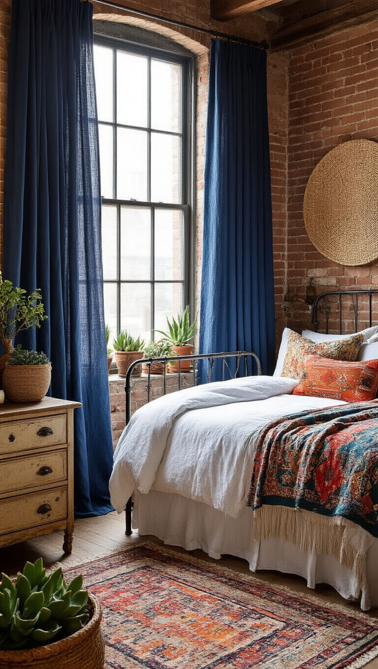 Bohemian guest bedroom with exposed brick walls, large industrial windows, layered indigo and patterned curtains, iron bed with white linens and colorful pillows, distressed dresser, woven baskets, and potted succulents.
