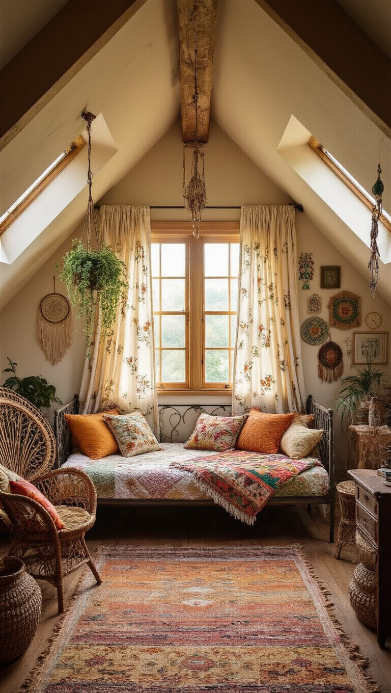 Cozy boho attic bedroom with sloped ceilings and dormer windows, golden hour light filtering through floral embroidered linen curtains, colorful quilts on a wrought iron daybed, rattan furniture, hanging plants, and eclectic artwork in warm earthy tones.