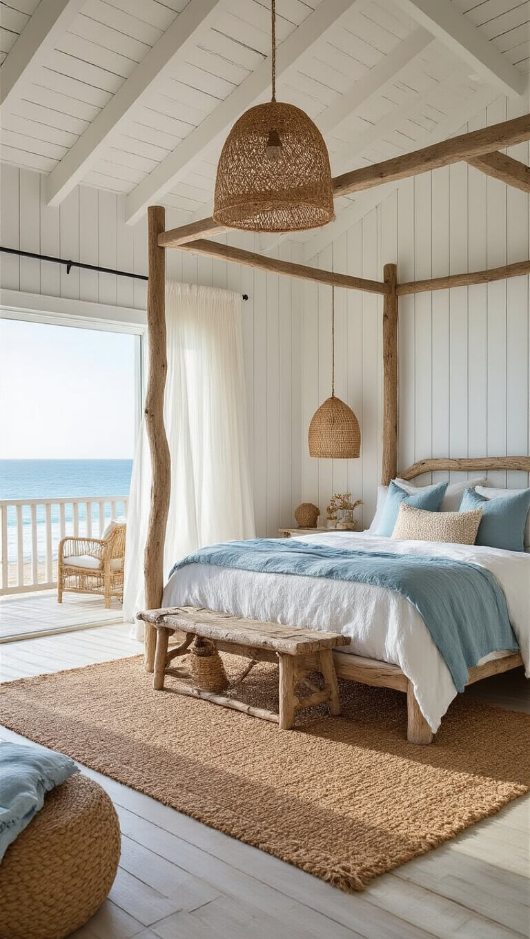 Bohemian beach house bedroom with driftwood four-poster bed, billowing white curtains, ocean views, and coastal decor in soft blues and sandy neutrals.