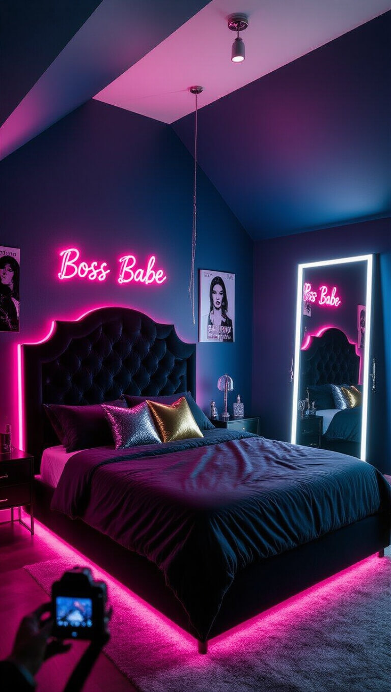 A moody, stylish bedroom with midnight blue walls, electric pink LED lighting, a king-size bed with black velvet headboard, metallic accent pillows, and edgy wall décor including a neon 'Boss Babe' sign.