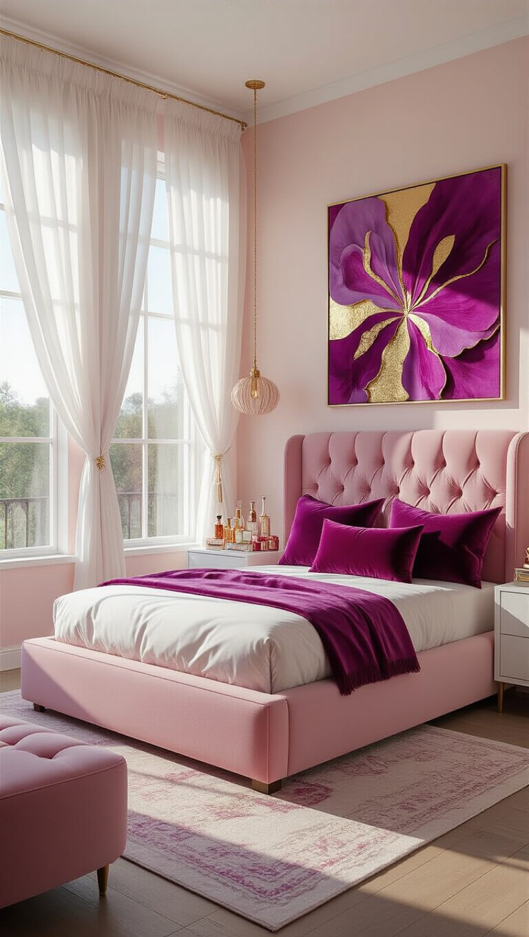 Chic 14x16 ft bedroom with blush walls, pink tufted bed, velvet pillows, white vanity, sheer curtains, and vibrant abstract art viewed from above.