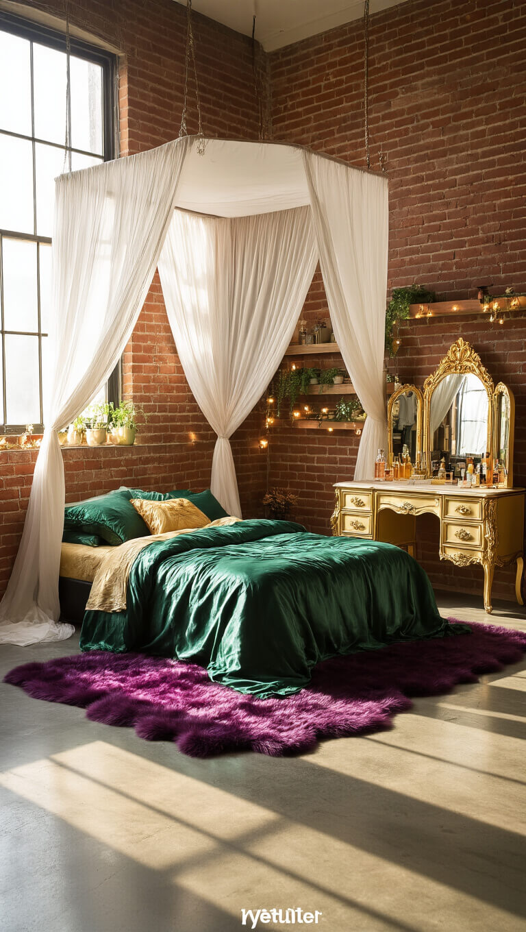 Eclectic bedroom with exposed brick wall, canopy bed with emerald and gold bedding, vintage gold vanity, purple faux fur rugs, and warm sunlight on concrete floors.