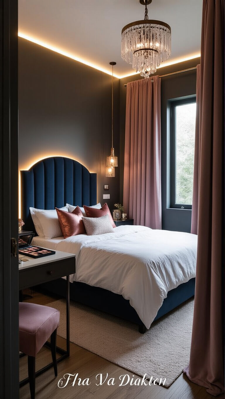 Luxe 10x12 ft bedroom with charcoal walls, navy velvet bed, warm LED lighting, floating vanity, crystal chandelier, and dusty pink curtains.