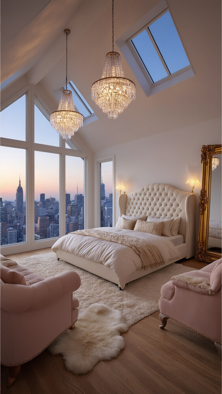 Luxurious 18x20 ft bedroom with vaulted ceilings, city skyline view at dusk, California king bed with ivory tufted headboard, crystal chandeliers, blush pink chaise, gilt mirror, and sheepskin rugs on hardwood floors.
