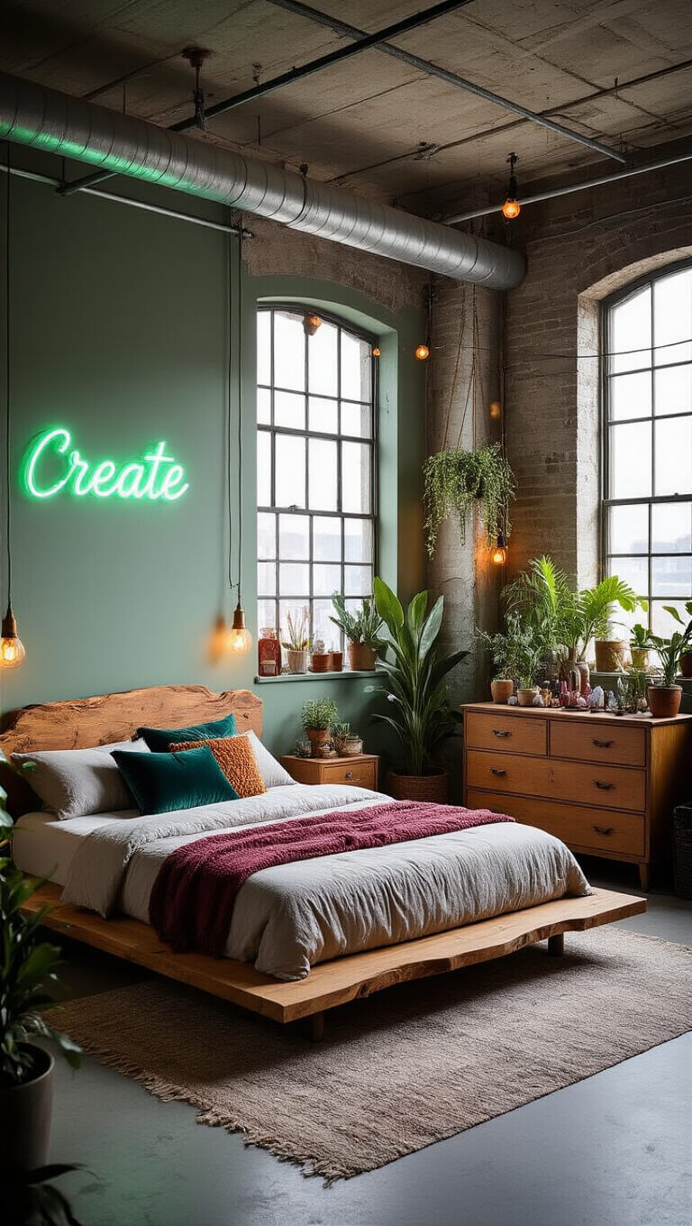 High-angle view of a 14x16 ft artsy bedroom with industrial loft elements, featuring exposed ductwork, a sage green accent wall, factory windows, a platform bed with jewel-toned textiles, vintage vanity with plants and crystals, and whimsical lighting.