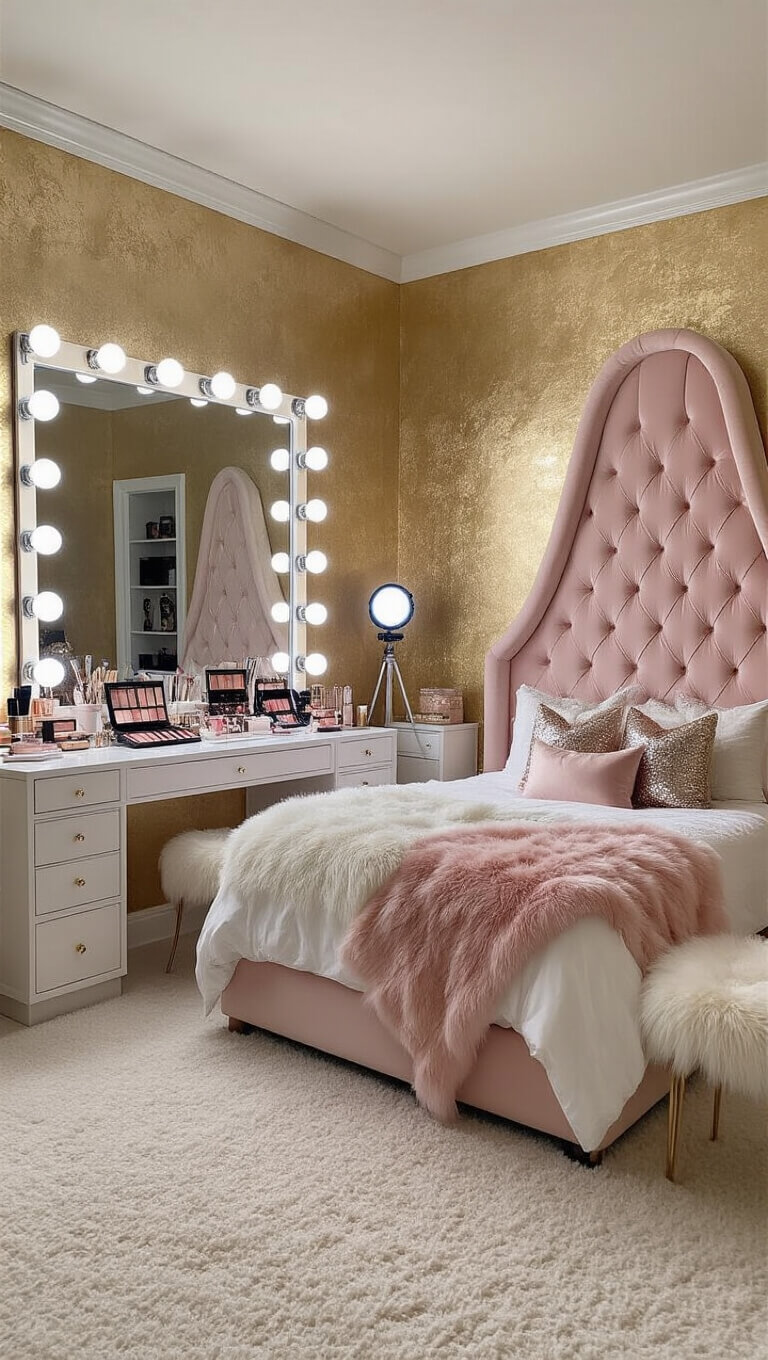 Glamorous influencer bedroom with gold wallpaper, pink tufted bed, plush white carpet, large vanity with Hollywood lights, and selfie ring lights.