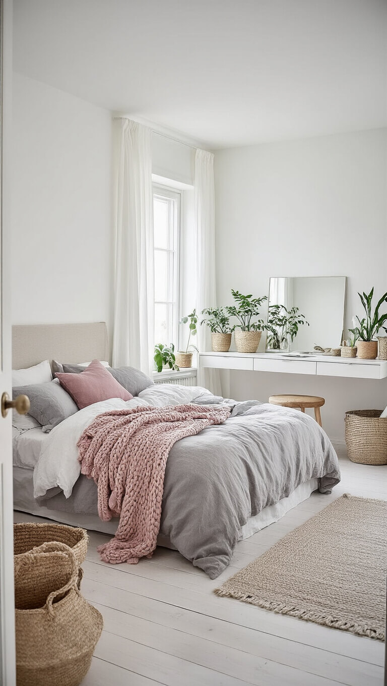 Scandinavian-style 12x14 ft bedroom with white walls, light wood floors, minimalist decor, gray and white bedding, dusty pink accents, floating desk, plants, and sheer curtains.