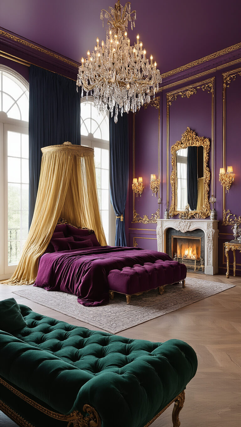 Luxurious royal-style bedroom with deep purple walls, gold accents, a grand four-poster bed in velvet, emerald chaise lounge by a fireplace, and soft lighting highlighting rich textures.