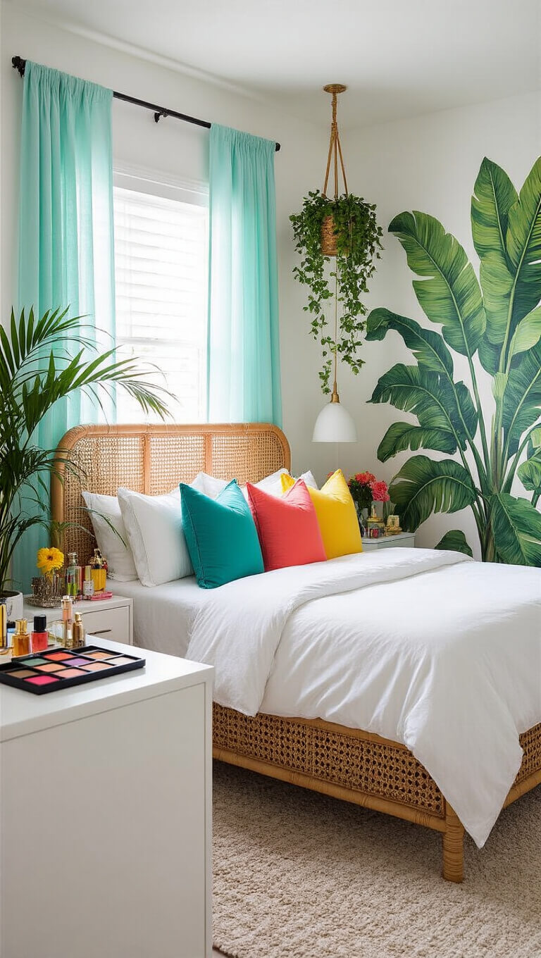 Corner view of a bright 14x16 ft tropical-themed bedroom with a rattan bed, vibrant throw pillows, a tropical leaf mural, potted plants, a sleek white vanity, and sheer aqua curtains filtering sunlight.
