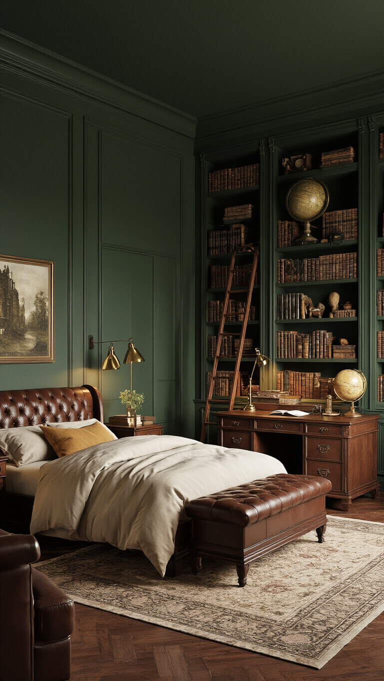 Moody dark academia bedroom with forest green walls, cognac leather sleigh bed, antique desk, floor-to-ceiling bookshelves, and warm layered lighting.