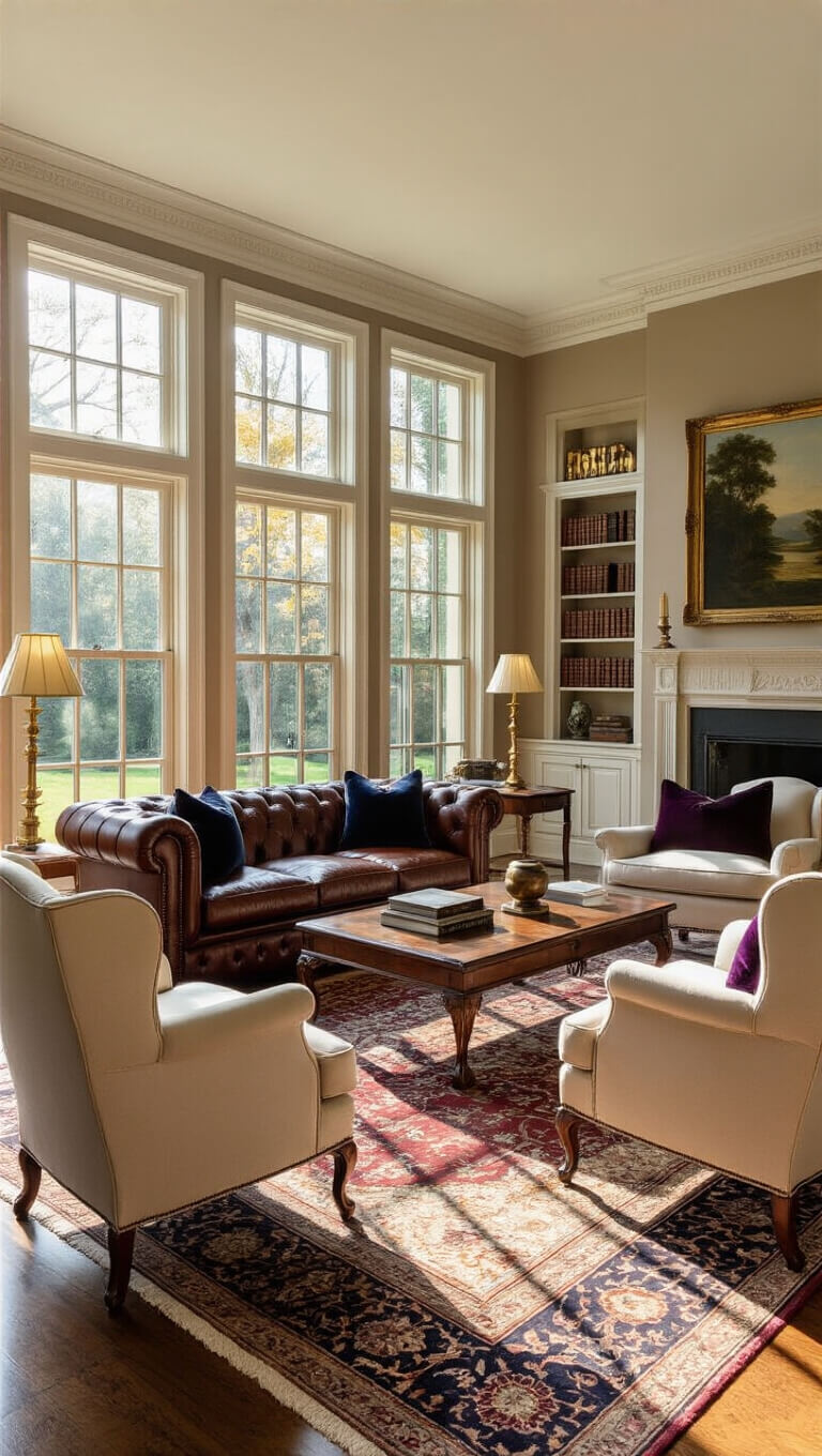 Sunlit taupe living room with Chesterfield sofa, wingback chairs, antique coffee table on Persian rug, floor-to-ceiling windows, bookcase with leather books, and muted velvet accents.