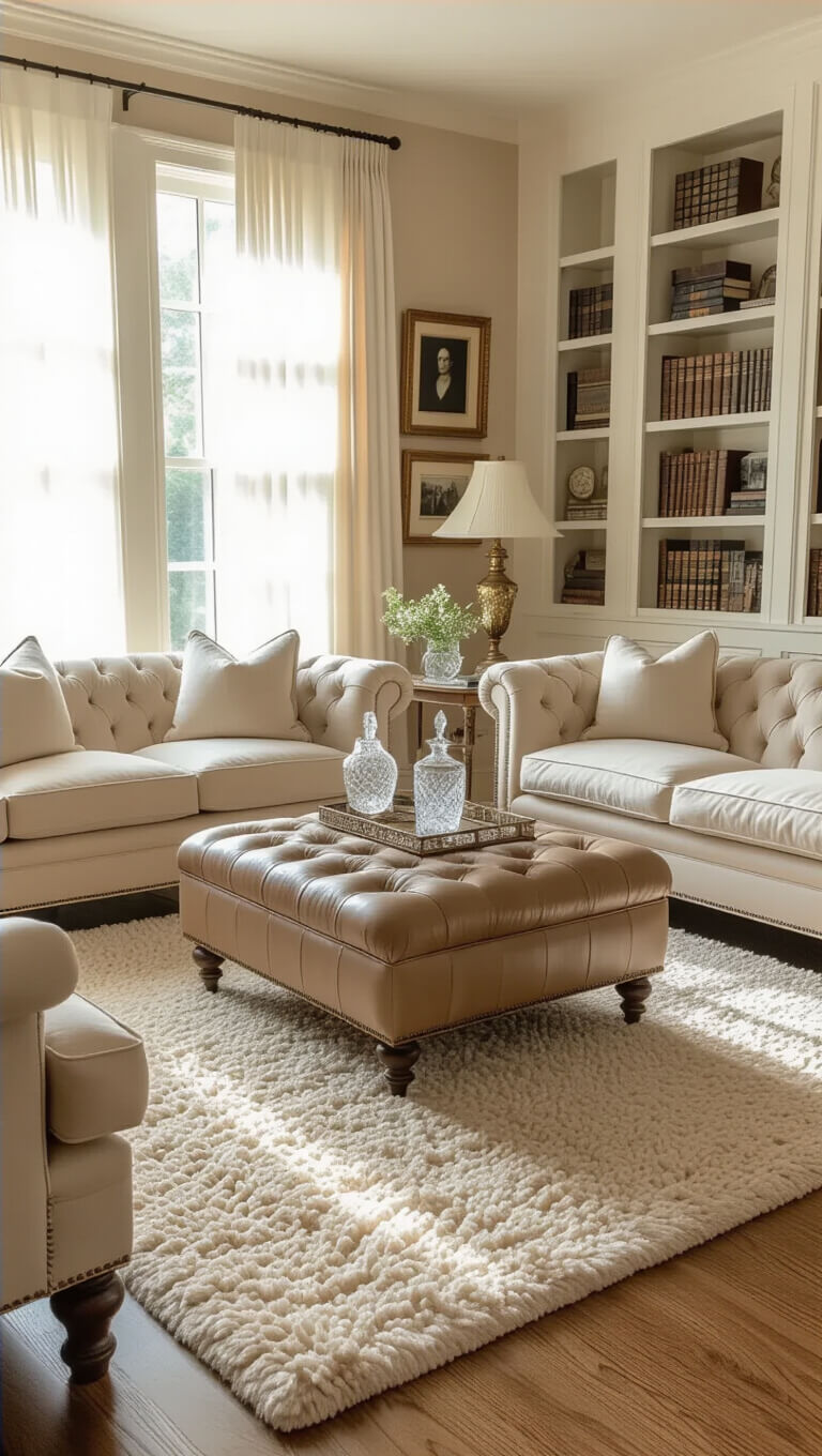 Cozy 12x14 ft living room with taupe sofas, tufted leather ottoman, antique accents, built-in bookshelves, and morning light through sheer curtains.