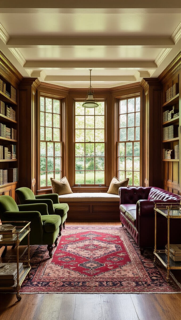 Cozy 14x16 ft living room with burgundy Chesterfield sofa, moss green armchairs, Persian rug, walnut paneling, and bay window seat overlooking garden.