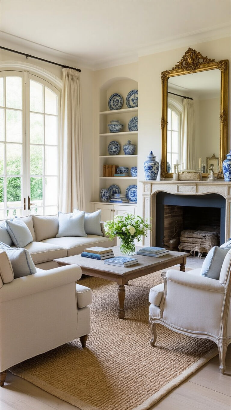 Elegant sunlit living room with cream walls, taupe sectional, limestone fireplace, and French doors opening to terrace.