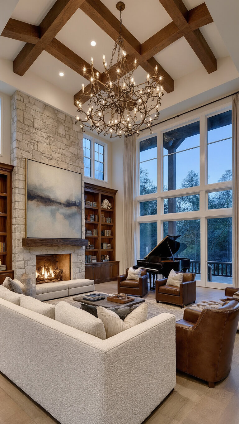 Elegant double-height great room viewed from mezzanine, featuring cream bouclé sectional, stone fireplace, baby grand piano, and expansive windows glowing at twilight.