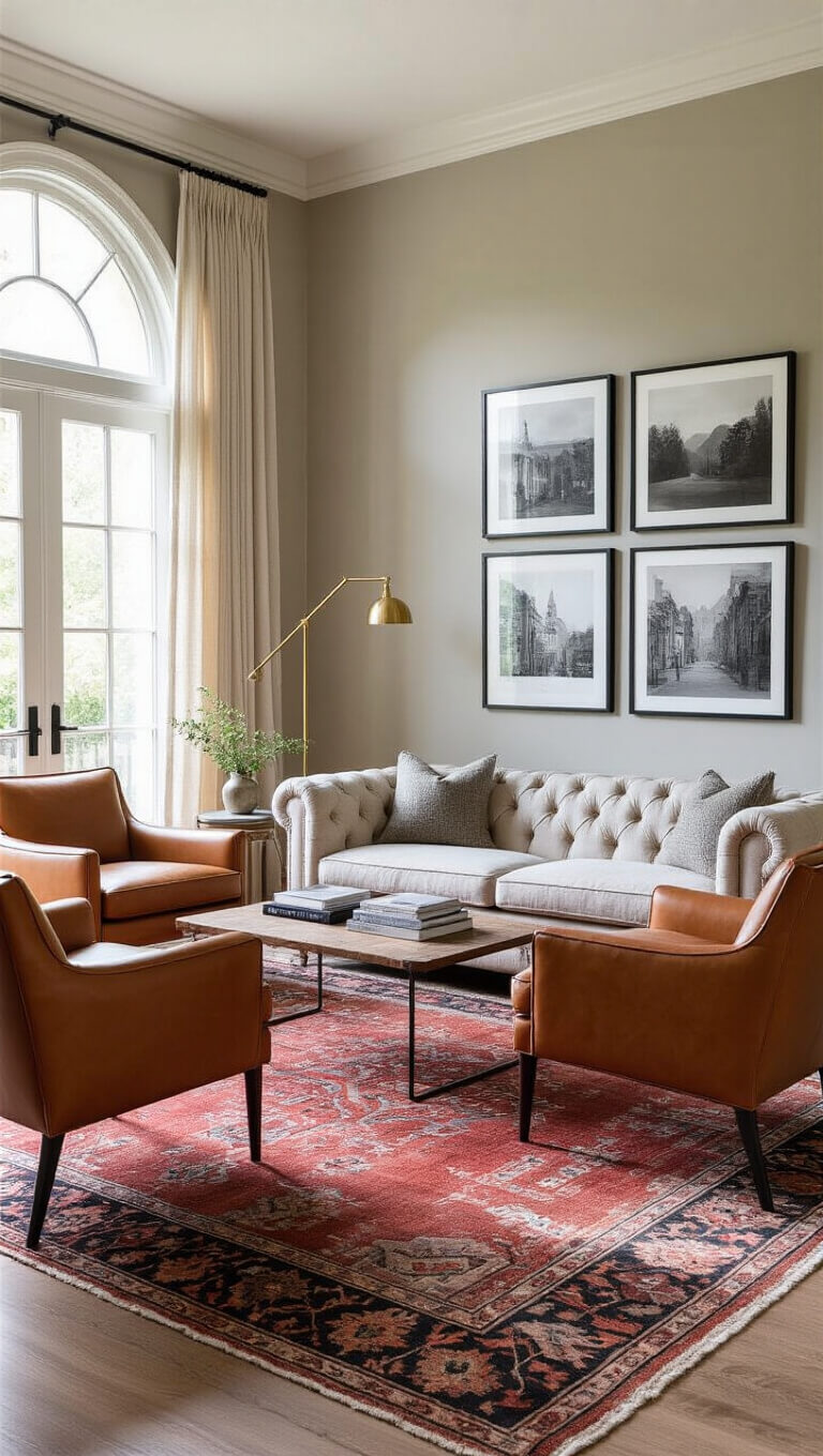 Warm greige living room with tufted gray sofa, caramel leather chairs, antique kilim rug, and brass accents, bathed in soft afternoon light.