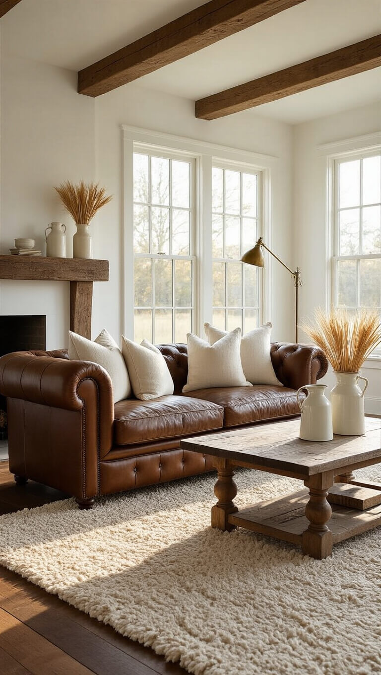 Sunlit farmhouse living room with exposed beams, Chesterfield sofa, distressed wood coffee table, and dried wheat decor in vintage milk jugs.