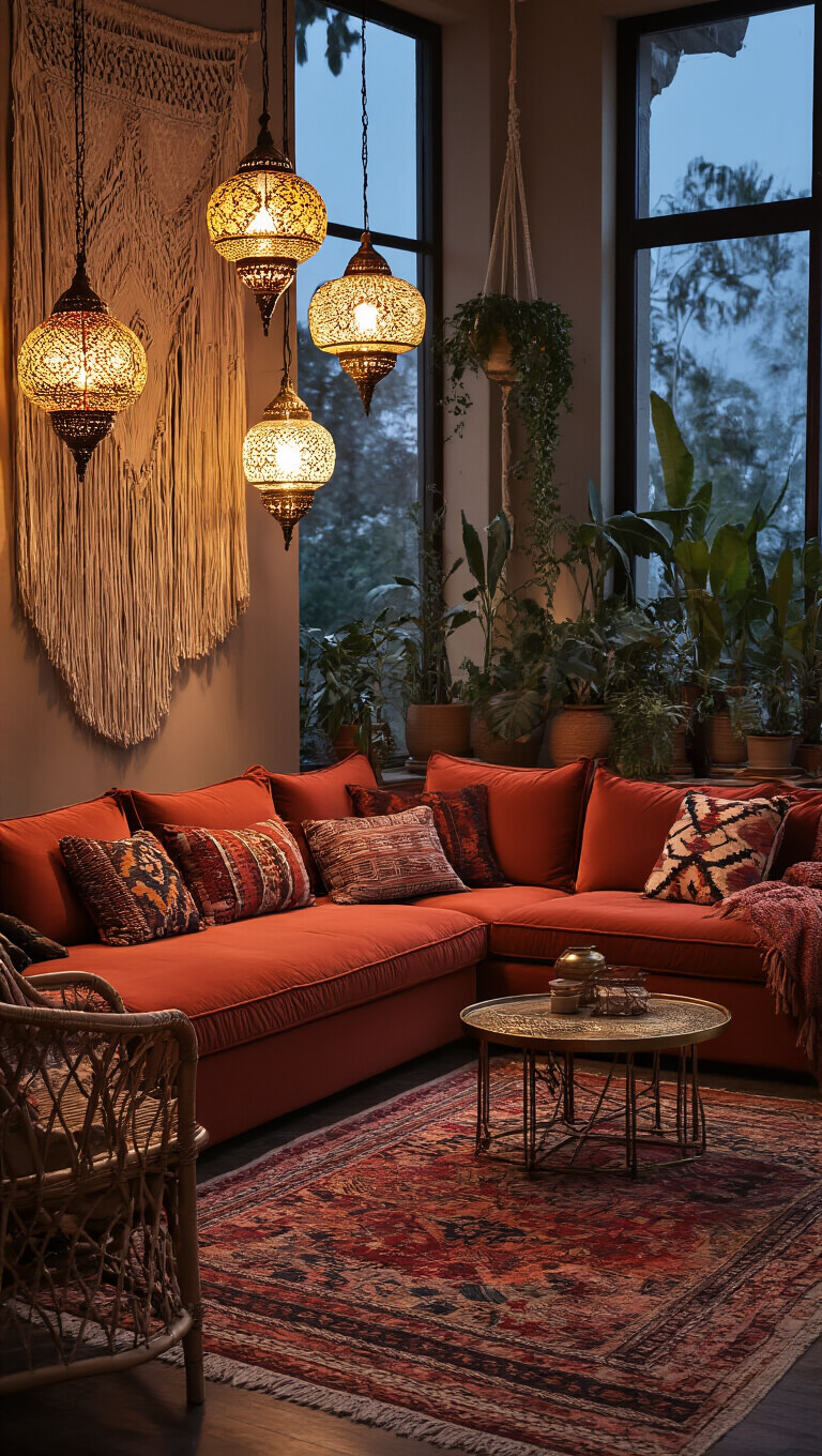 Boho-chic living room at twilight with Moroccan pendant lights, terracotta velvet sectional, patterned pillows, vintage rugs, macramé wall hangings, potted plants, rattan chairs, and brass coffee table.