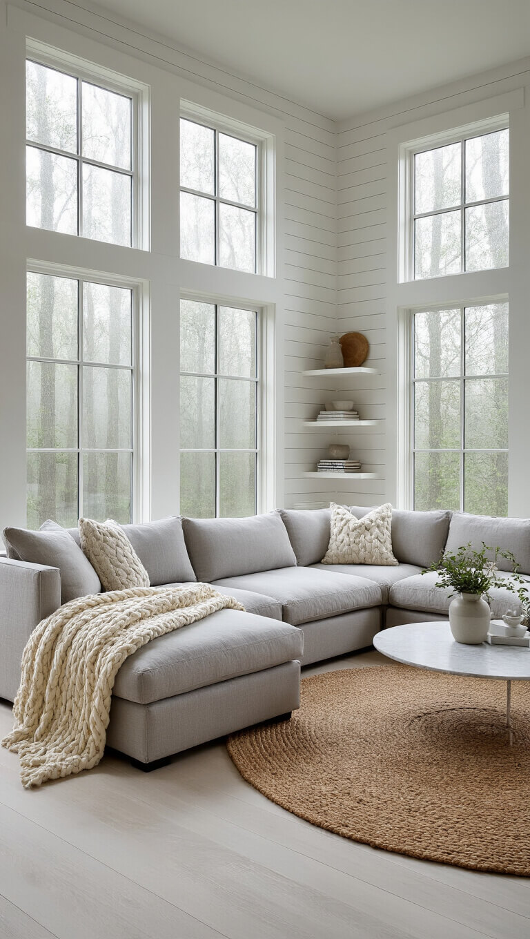 Modern cottage living room with dove grey sectional, shiplap walls, jute rug, and forest view through floor-to-ceiling windows.