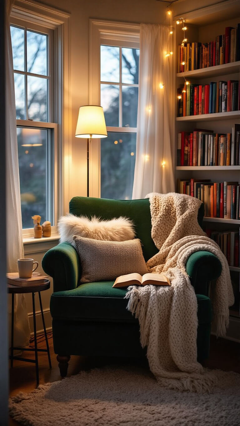 Cozy bay window reading nook with green velvet armchair, warm lighting from lamp and string lights, textured pillows and throw, built-in bookshelves, and soft white curtains filtering evening light.