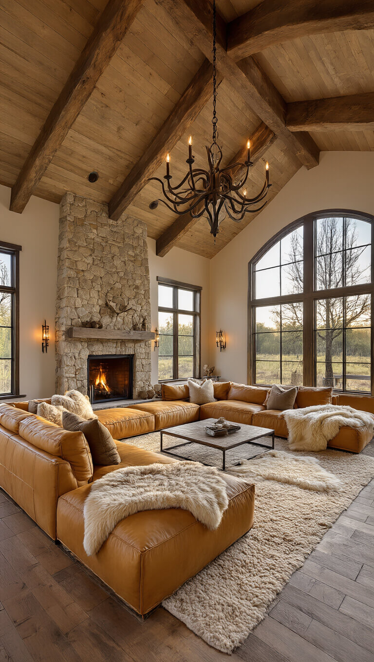 Rustic-luxe living room with vaulted ceilings, stone fireplace, buttery leather sectional, earth-tone pillows, sheepskin rugs on reclaimed wood floors, iron and glass coffee table, and antler chandelier in warm golden hour light.