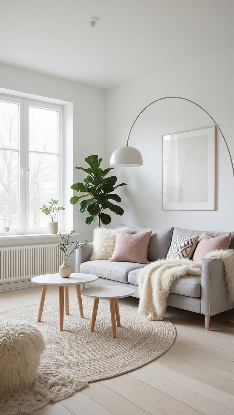 Scandinavian-style living room with light wood floors, grey sofa, pastel accents, minimalist decor, and large windows filling the space with natural light.