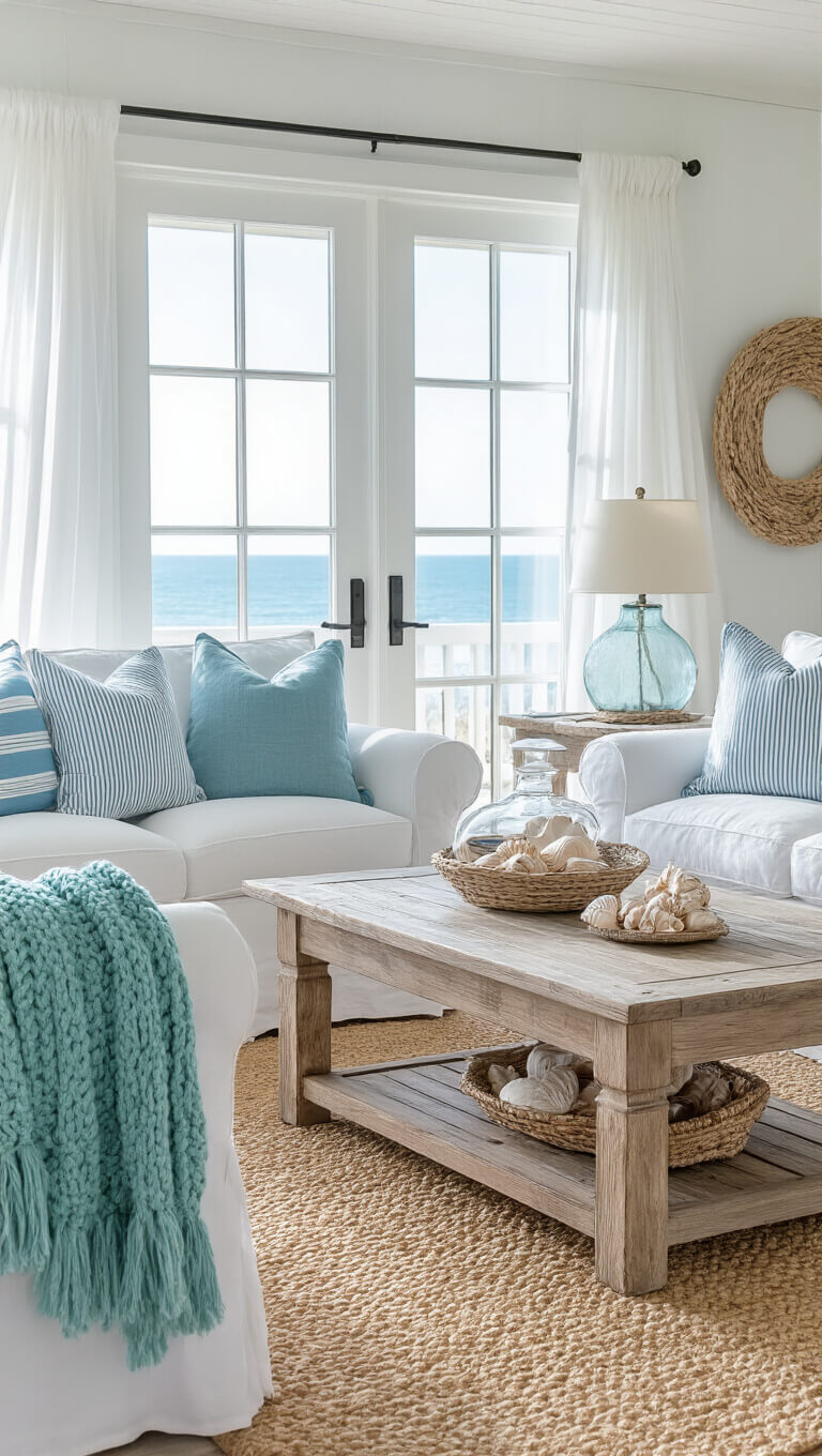 Bright coastal cottage living room with white slipcovered sofas, weathered wood coffee table, sheer curtains blowing in breeze, and ocean view through French doors.