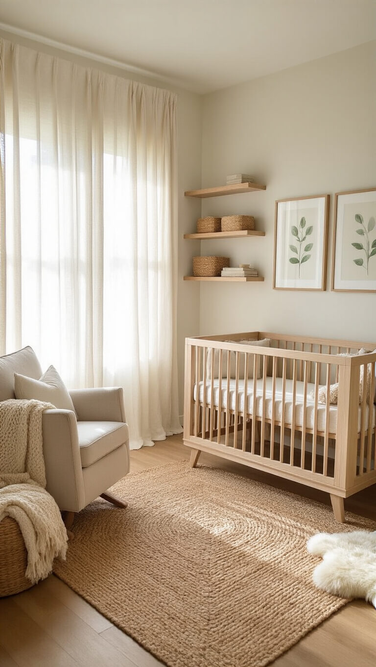 Serene 12x14 ft nursery with light oak crib, oatmeal glider by window, ivory walls, jute rug, and botanical accents in soft morning light.