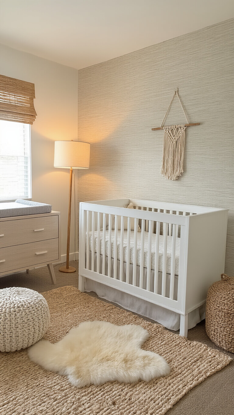 Cozy 10x12 nursery bathed in afternoon light, featuring a white crib, textured taupe accent wall, ash wood changing table, gray rocker, and layered natural rugs.
