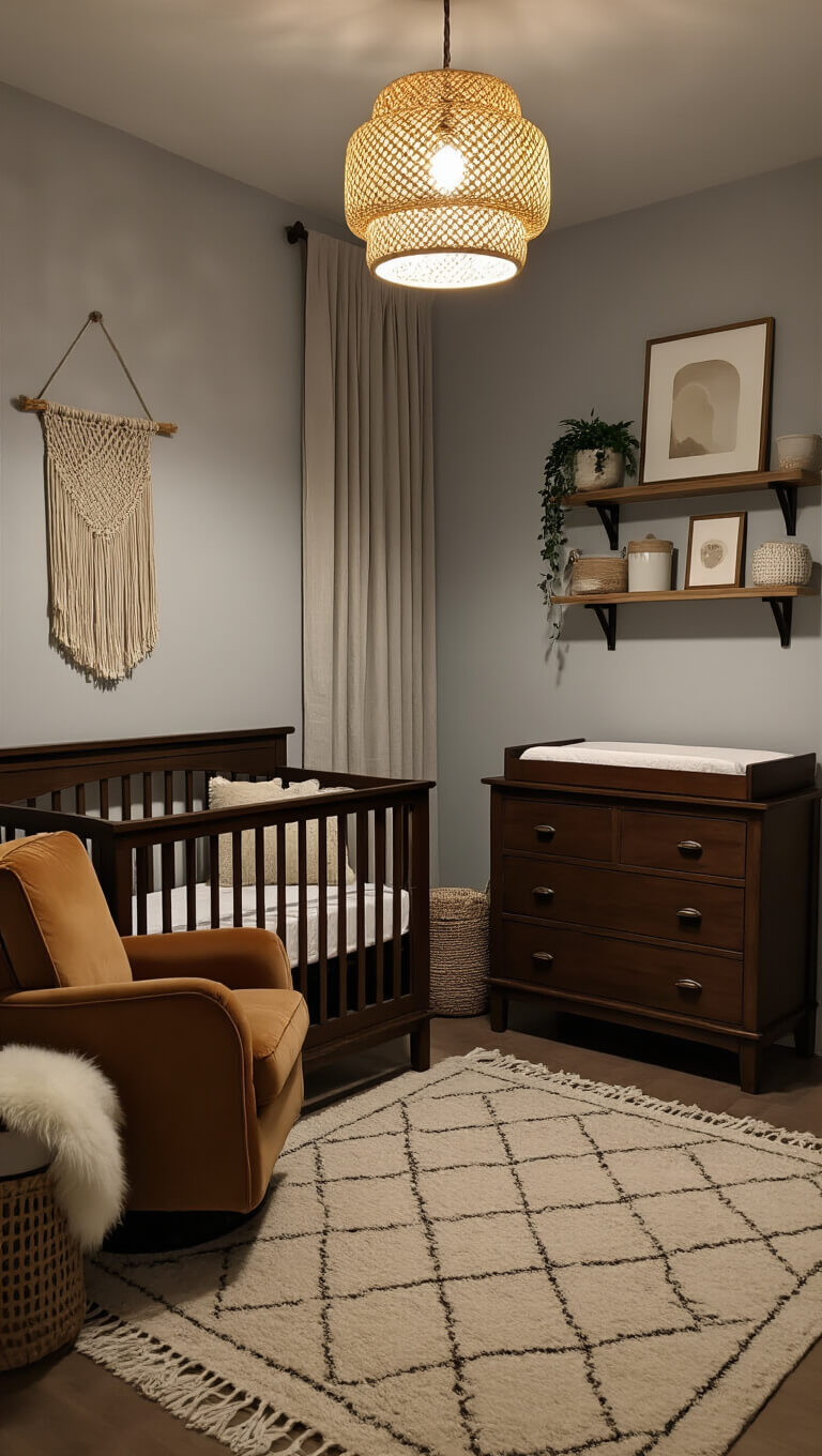 Cozy twilight nursery with dark walnut crib, camel velvet glider, vintage changing dresser, and warm neutral decor with soft lighting and textured accents.