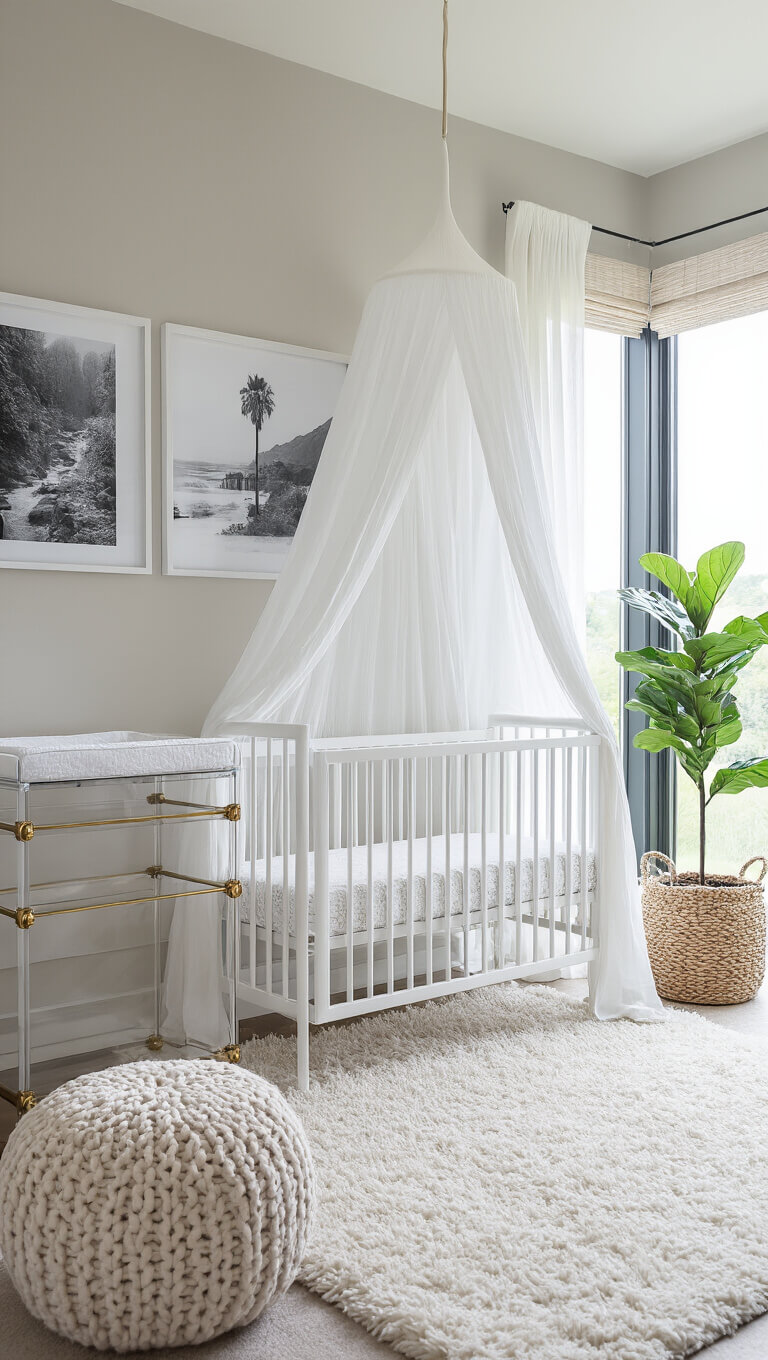 Modern nursery with white crib under gauzy canopy, acrylic changing table with brass accents, soft greige walls, shag rug, knit ottoman, fiddle leaf fig, and floor-to-ceiling windows flooding room with light.