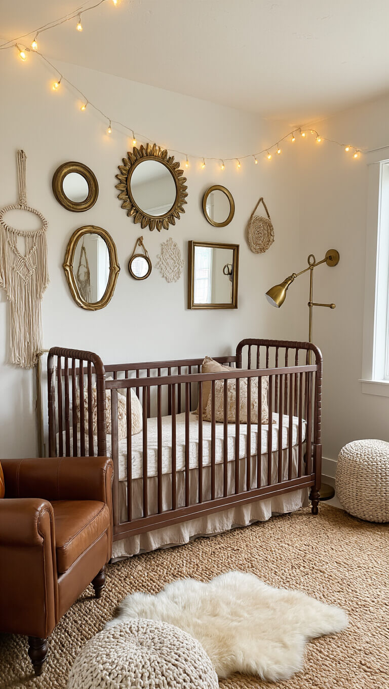 Eclectic nursery with warm lighting, featuring a dark wood crib, vintage decor, layered rugs, and cozy reading nook with leather armchair.