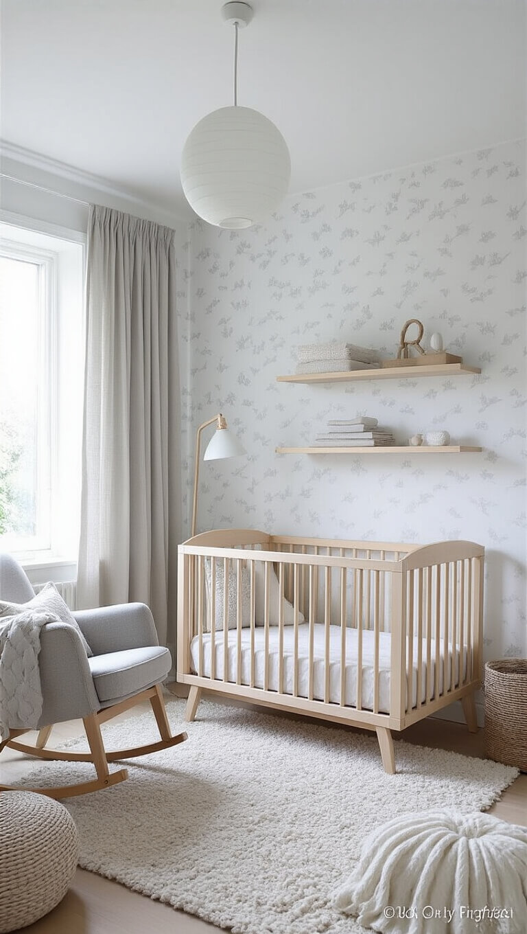 Scandinavian-style nursery with birch wood crib, white and gray decor, cozy reading nook, and natural textures in a bright, airy space.