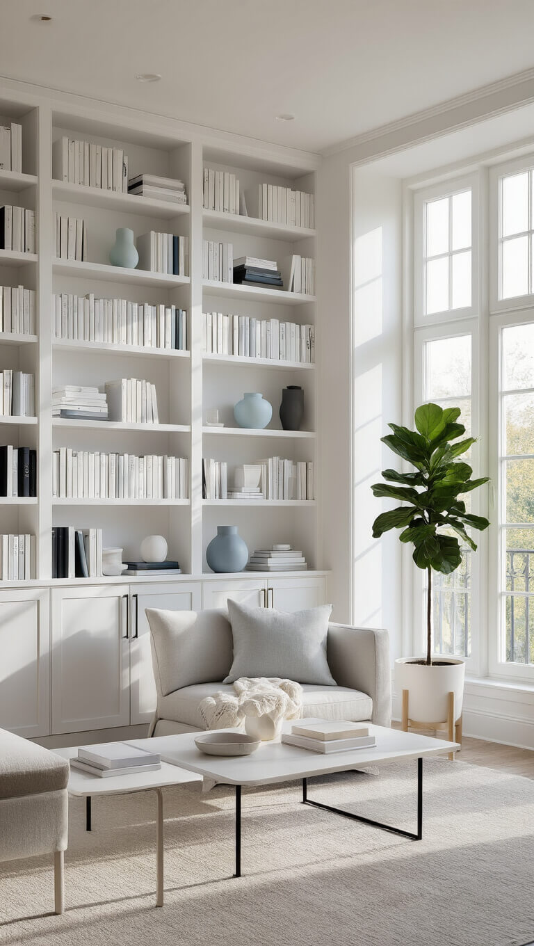Modern minimalist Scandinavian living room with floor-to-ceiling white bookshelf, curated neutral-colored books, pastel ceramics, brass accents, and fiddle leaf fig, bathed in warm golden hour light through sheer curtains.