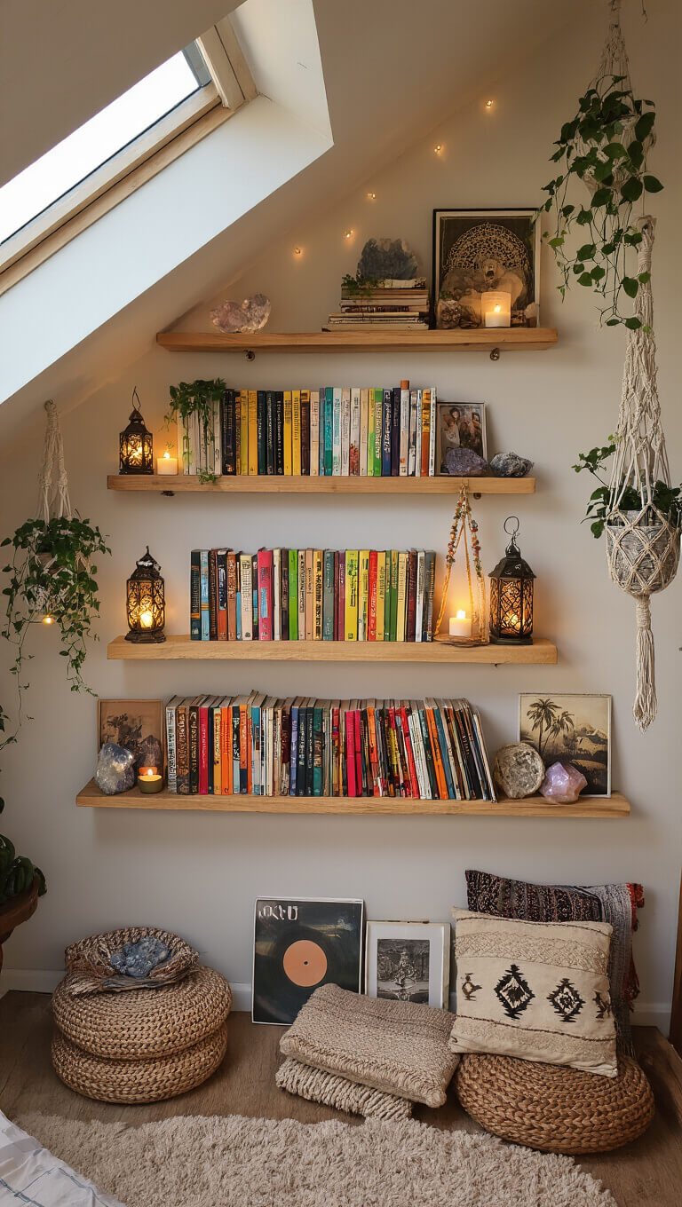 Low-angle view of asymmetrical floating wood shelves in a cozy boho attic bedroom, displaying rainbow-arranged books, crystals, vintage records, macramé plants, and travel photos, with warm sunset light and ambient string lights.