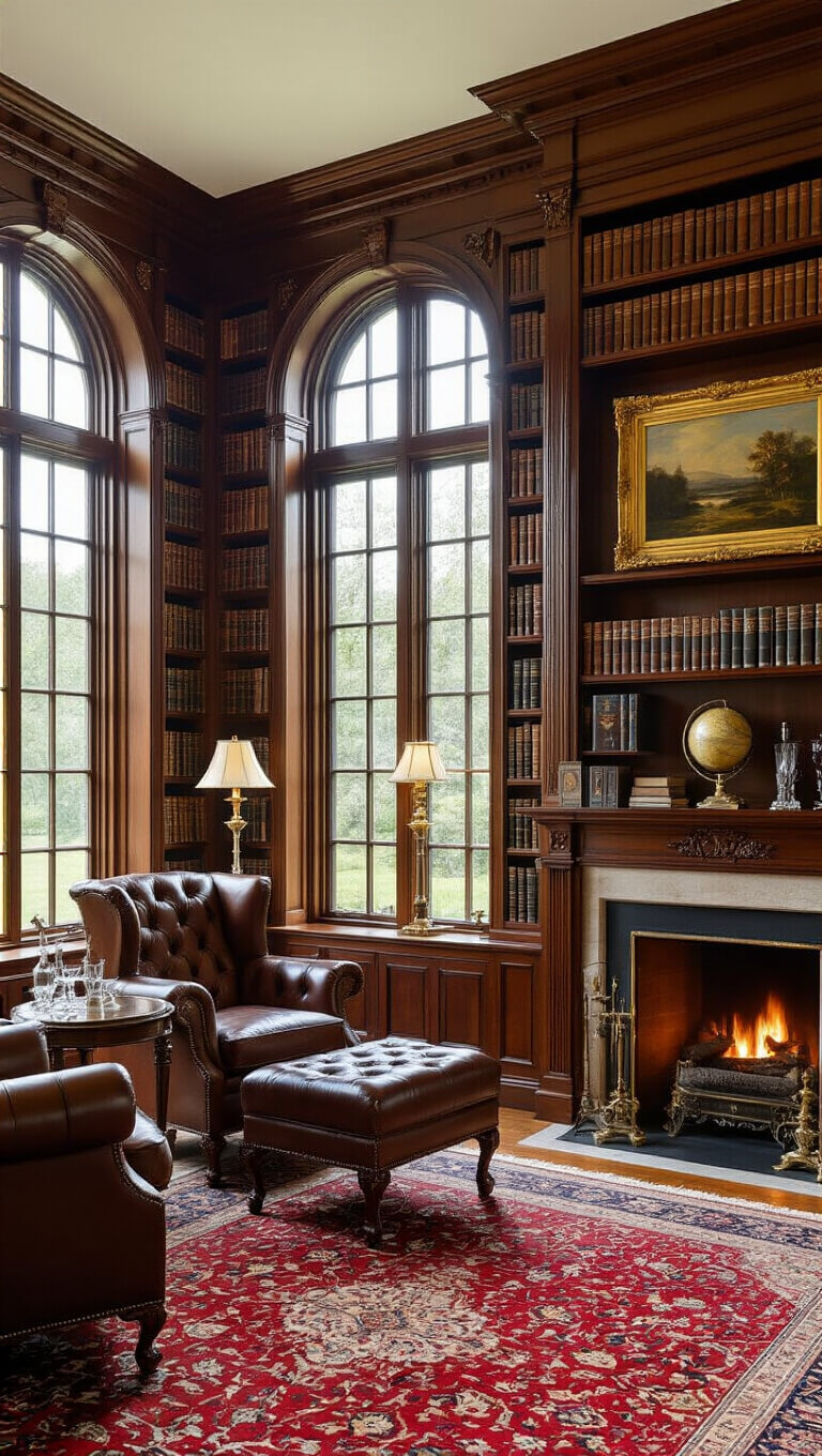 Panoramic view of an elegant traditional library with custom mahogany bookshelves, leather-bound books, gilded paintings, and classic furnishings bathed in natural late-morning light.