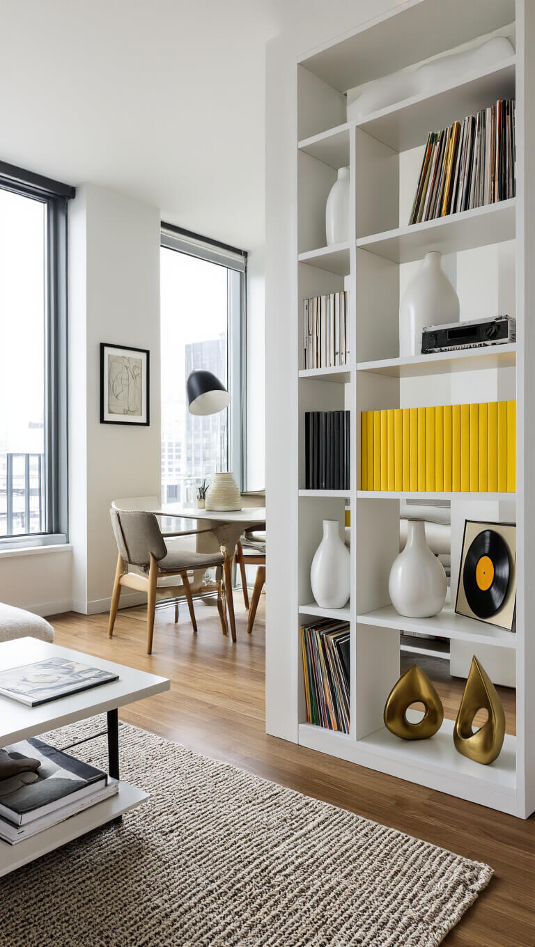 Contemporary room divider bookshelf with color-coded books, ceramic vases, vinyl records, abstract prints, and gold bookends in a sunlit urban apartment.