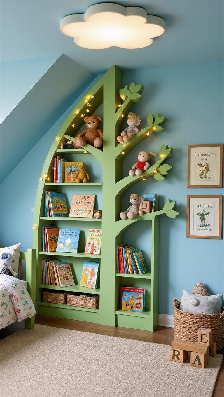 Whimsical child's bedroom with tree-shaped bookshelf filled with colorful books, stuffed animals, fairy lights, and 'READ' blocks against a sky blue wall, lit by natural light and cloud-shaped ceiling fixture.