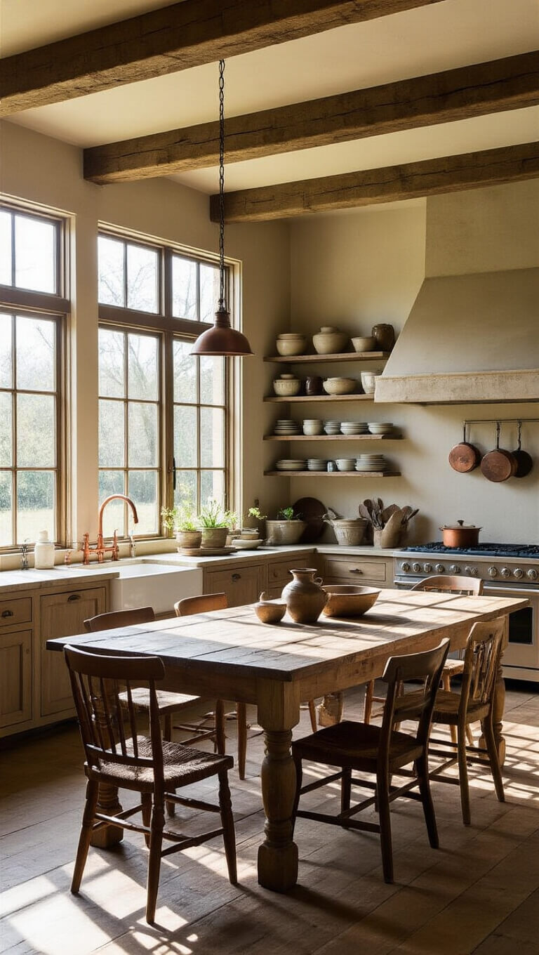 Rustic kitchen with exposed wooden beams, large windows, a central reclaimed wood dining table, mismatched vintage chairs, farmhouse sink with copper faucet, open shelving with earthenware, and a stone fireplace with hanging cast iron cookware.