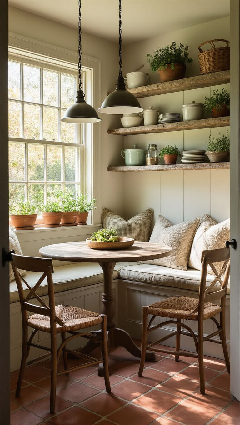 Low-angle view of a cozy rustic kitchen nook with a sunlit window seat, vintage decor, terracotta floors, and warm earth tones.