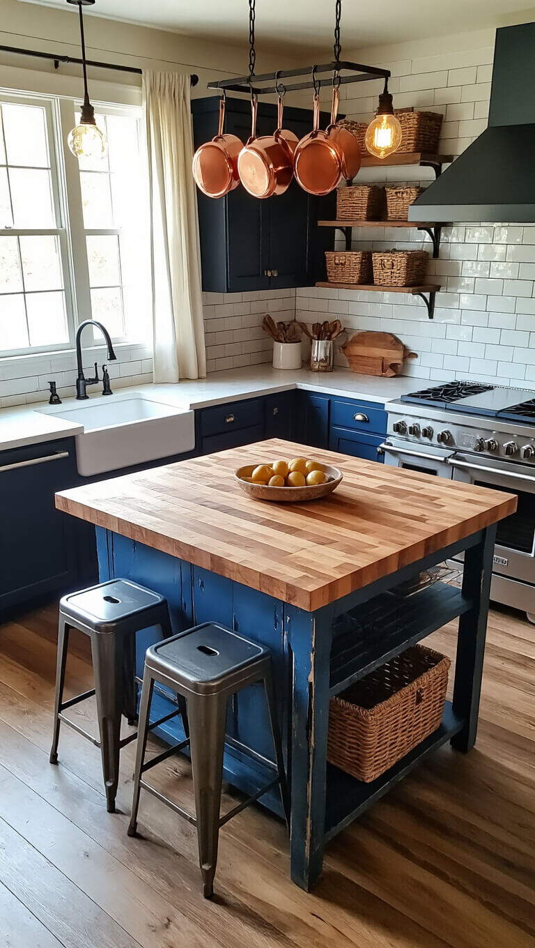 Rustic kitchen with central blue island, butcher block top, copper pots, dark wood cabinets, and farmhouse sink in warm early evening light.