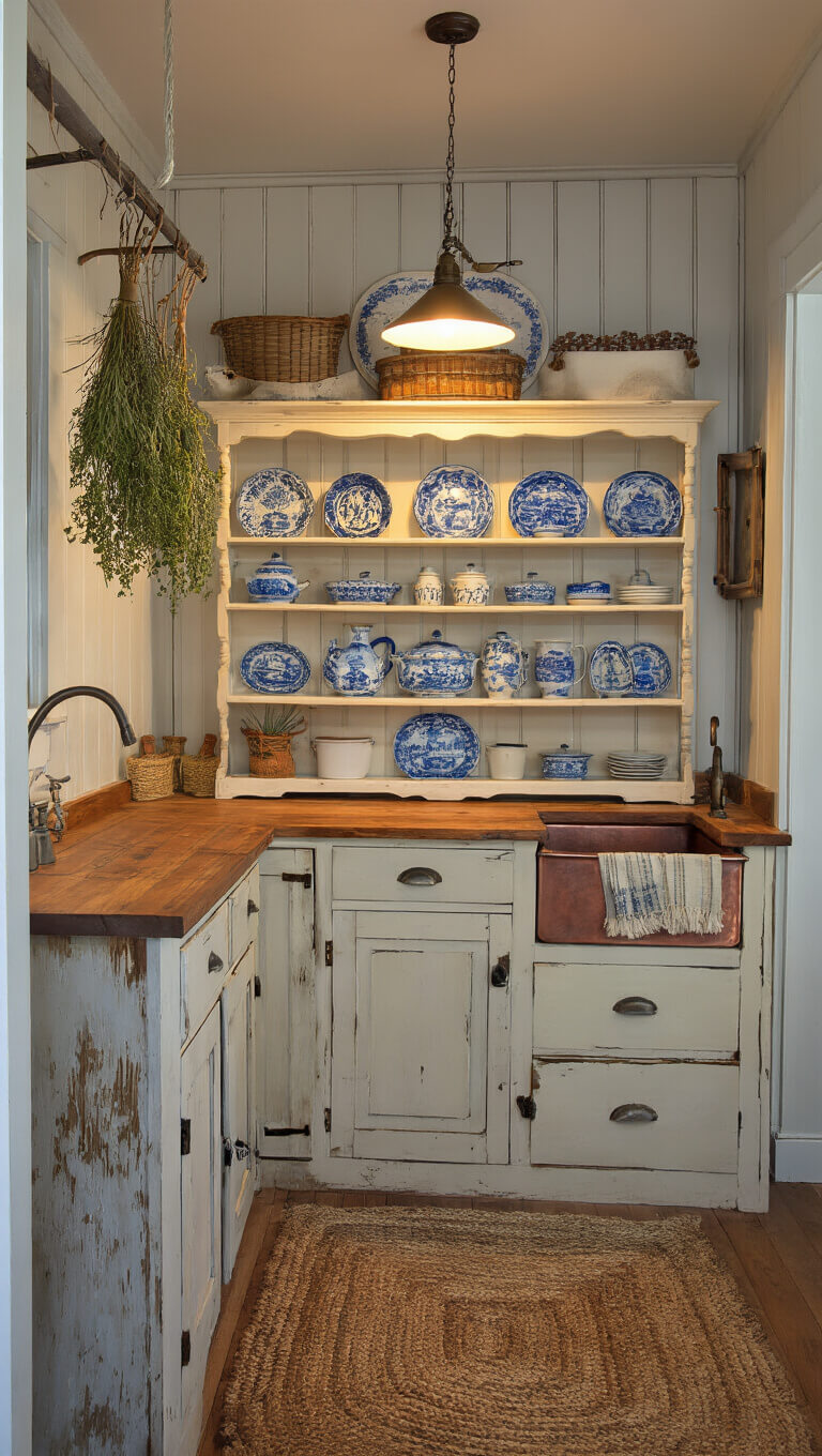 Close-up of a vintage hoosier cabinet in a cozy, warmly lit rustic kitchen corner with blue and white dishware, dried herbs, and soft wood tones.