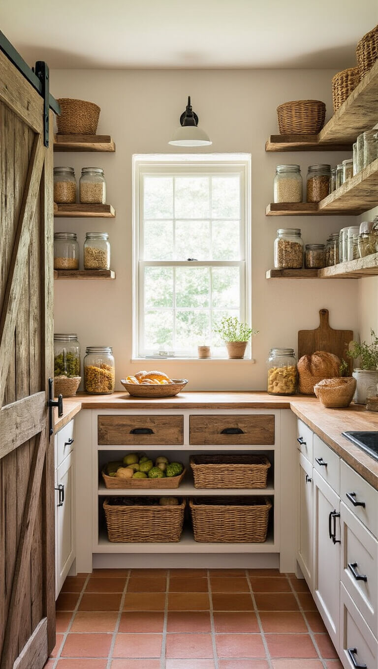 Wide-angle view of a rustic kitchen pantry with reclaimed wood shelving, glass jars of dry goods, woven baskets of produce, butcher block island, terracotta tile floor, and natural light from a small window.