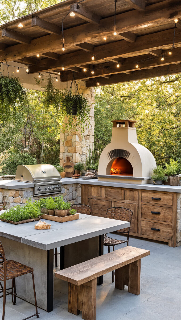 Rustic outdoor kitchen on a covered patio with stone pizza oven, built-in grill, reclaimed wood cabinets, and farmhouse dining table, bathed in golden hour sunlight.