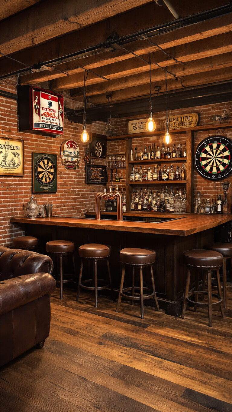 Rustic basement bar with live-edge walnut bar top, reclaimed wood floors, exposed brick walls, vintage decor, and warm ambient lighting.