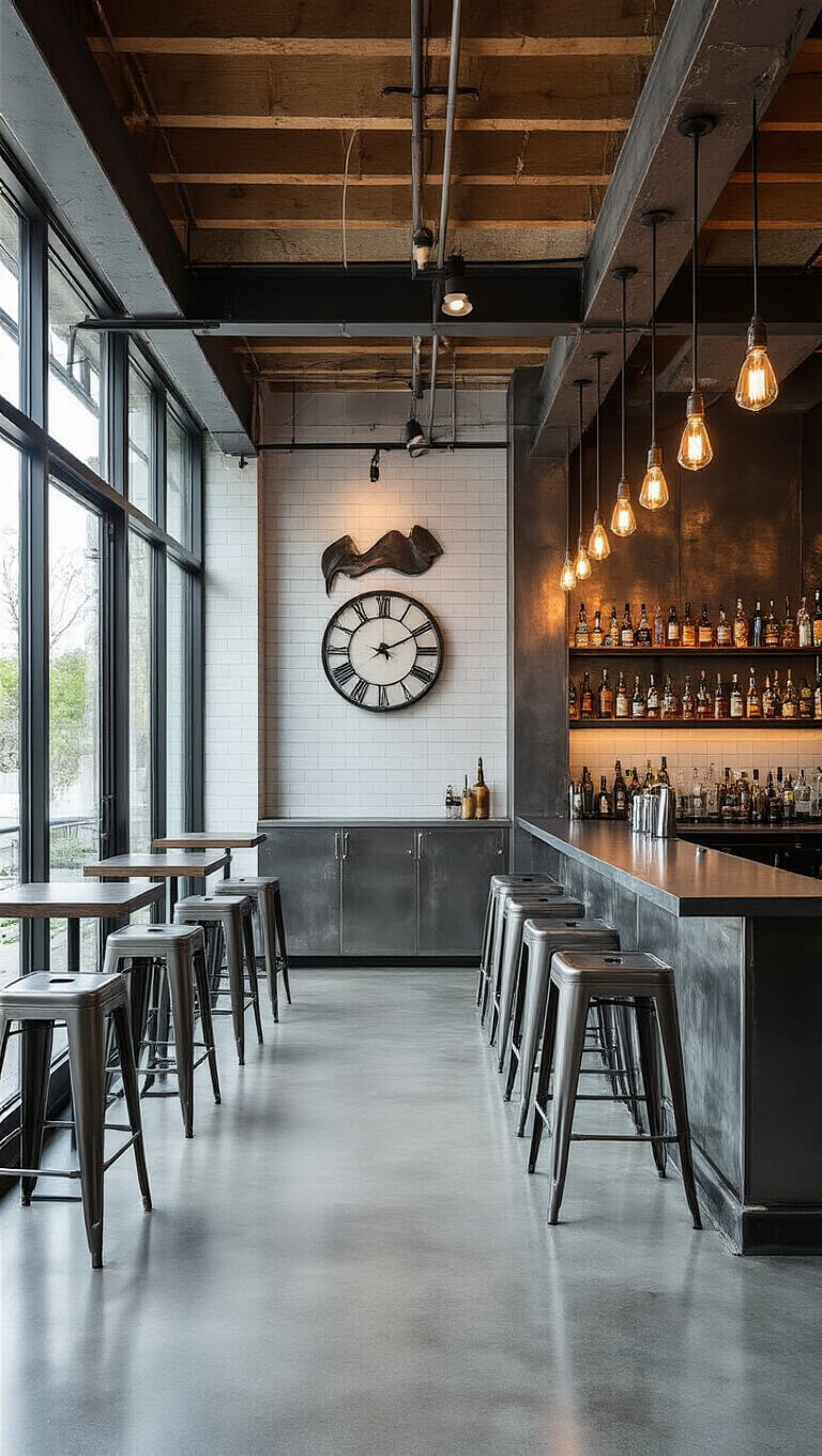 Industrial chic basement bar with concrete floors, exposed beams, metal and glass bar, gunmetal stools, Edison lights, steel panel wall, white subway tiles, and floor-to-ceiling windows.